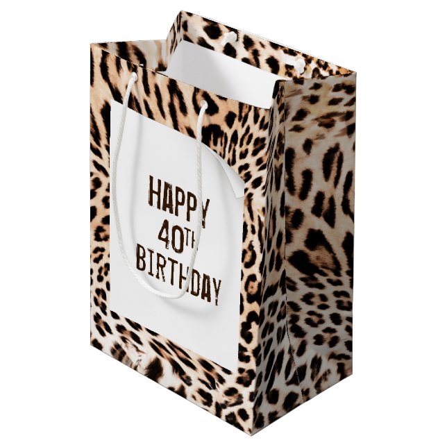 40. Geburtstag Leopard Print Mittlere Geschenktüte (Vorderseite Schrägansicht)