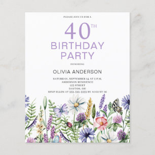 40. Geburtstag Lila Blumeneinladung Flyer