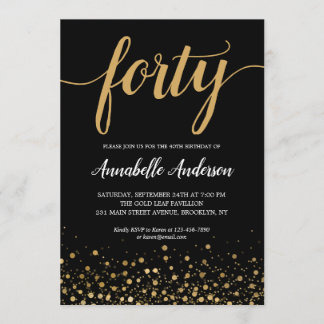 40. Geburtstag Modernes Black Gold Confetti Script Einladung
