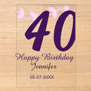 40. Geburtstag Name Datum Jahr lila floral Pin Acryleinladungen