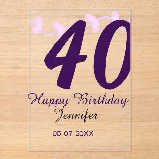 40. Geburtstag Name Datum Jahr lila floral Pin Acryleinladungen