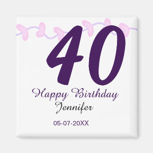 40. Geburtstag Name Datum Jahr lila floral Pin Magnet