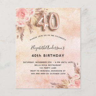 40. Geburtstag Pampas Gras Rose Einladung Flyer