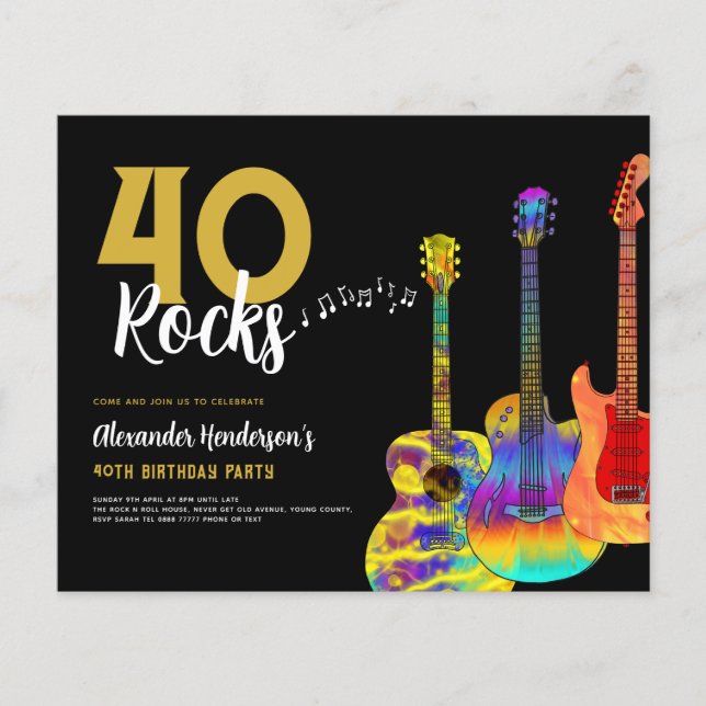 40. Geburtstag Party 40 Rocks Guitar Budget Flyer (Vorne)