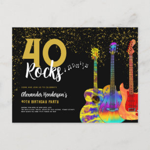 40. Geburtstag Party 40 Rocks Guitar Gold Glitzer Einladungspostkarte