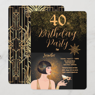 40. Geburtstag Party Art Deco Black & Gold Einladung
