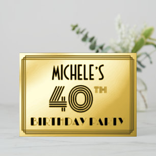 40. Geburtstag Party — Art Deco Stil "40" & Name Folieneinladung