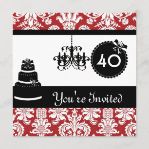 40. Geburtstag Party Black & White & RED Damask II Einladung