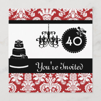 40. Geburtstag Party Black & White & RED Damask II Einladung