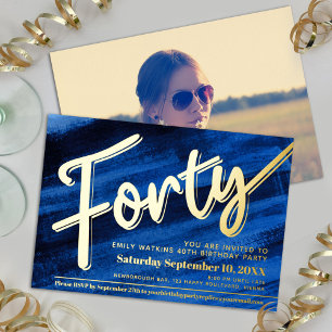 40. Geburtstag Party Blue Art Goldskript Folieneinladung