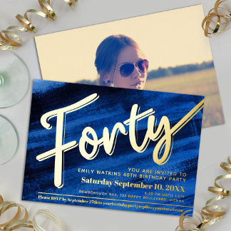 40. Geburtstag Party Blue Art Goldskript Folieneinladung