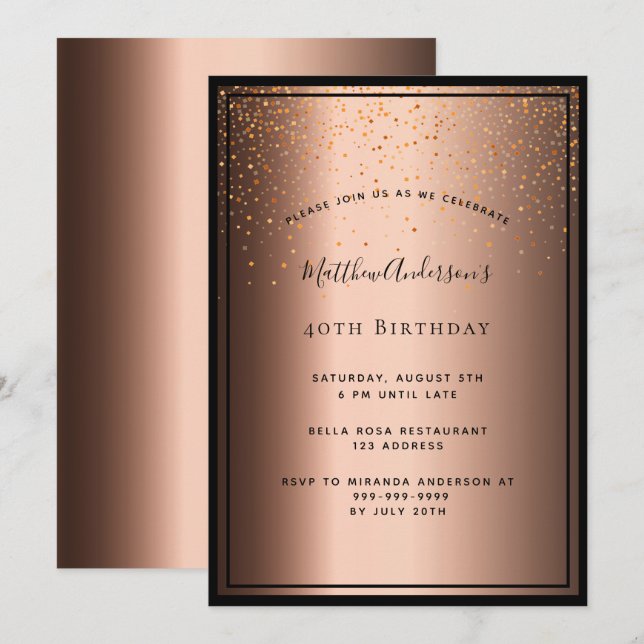 40. Geburtstag Party Bronze braunen Konfetti Einladung (Vorne/Hinten)