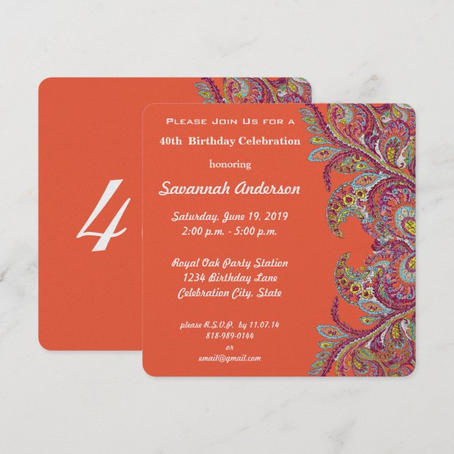 40. Geburtstag Party Einladung (Vorne/Hinten)