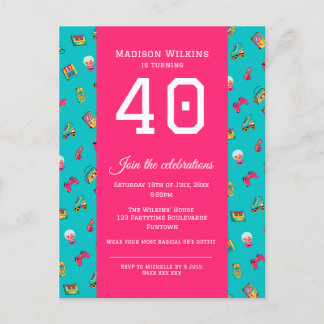 40. Geburtstag Party Einladung Postcard, Hot Pink