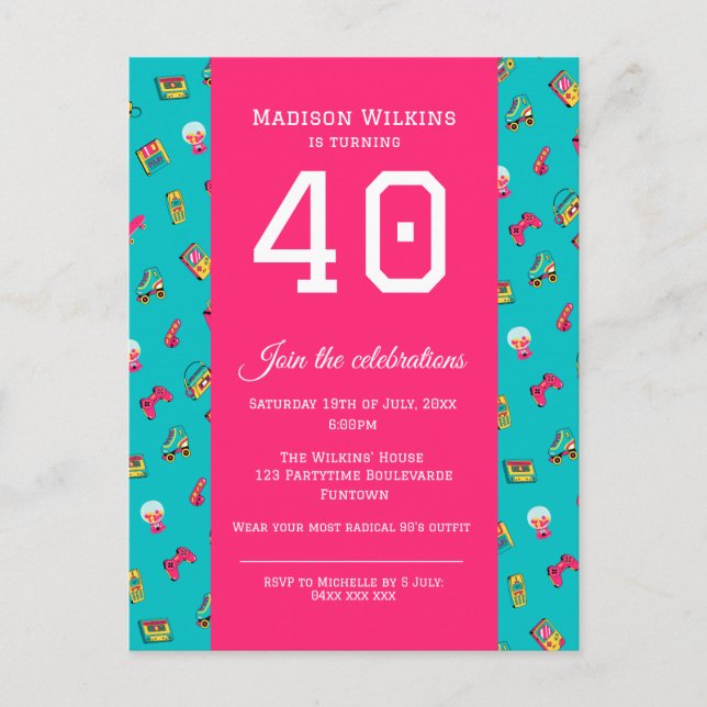 40. Geburtstag Party Einladung Postcard, Hot Pink (Vorderseite)