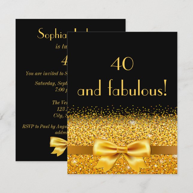 40. Geburtstag Party Einladung schwarz mit Goldbog (Vorne/Hinten)
