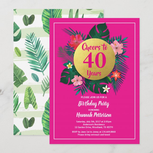 40. Geburtstag Party Einladung tropisches Rosa (Vorne/Hinten)