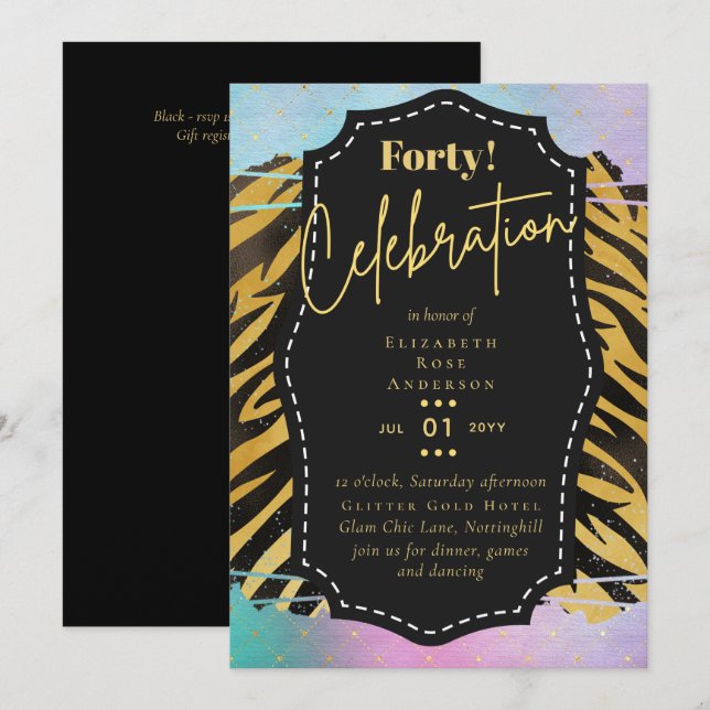 40. Geburtstag Party Einladungen Glitzer Glamour (Vorne/Hinten)