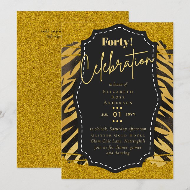 40. Geburtstag Party Einladungen Glitzer Glamour (Vorne/Hinten)