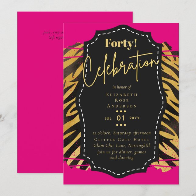 40. Geburtstag Party Einladungen Glitzer Glamour (Vorne/Hinten)
