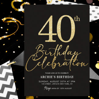 40. Geburtstag Party Eleganter Black & Gold Glitze Einladung