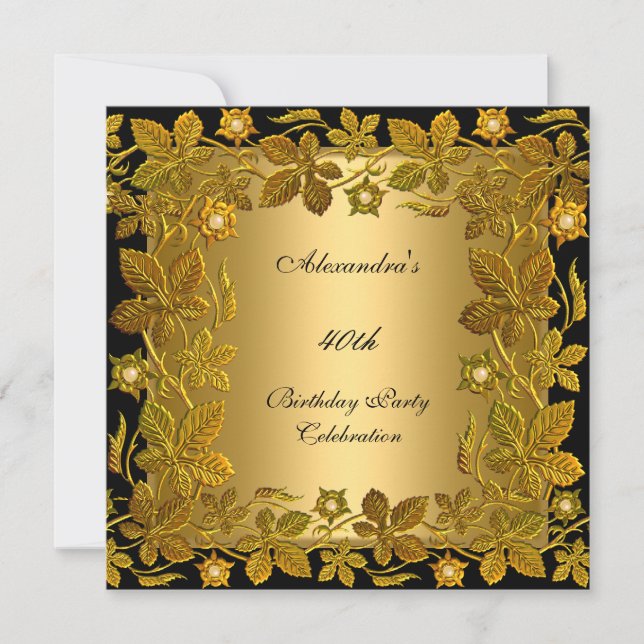 40. Geburtstag Party Gold Black Floral Einladung (Vorderseite)