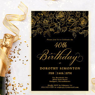 40. Geburtstag Party Gold Rose Floral Black Einladung