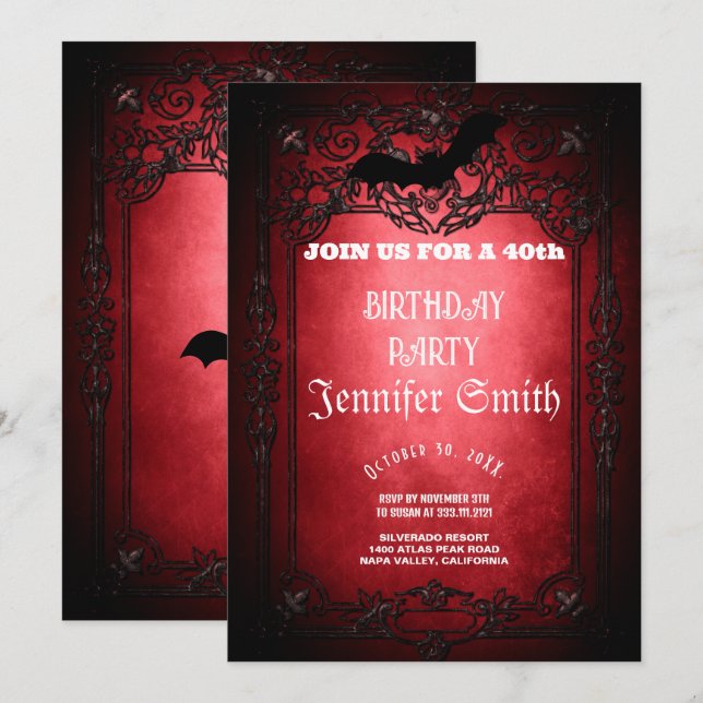40. Geburtstag Party Gothic Red Einladung (Vorne/Hinten)