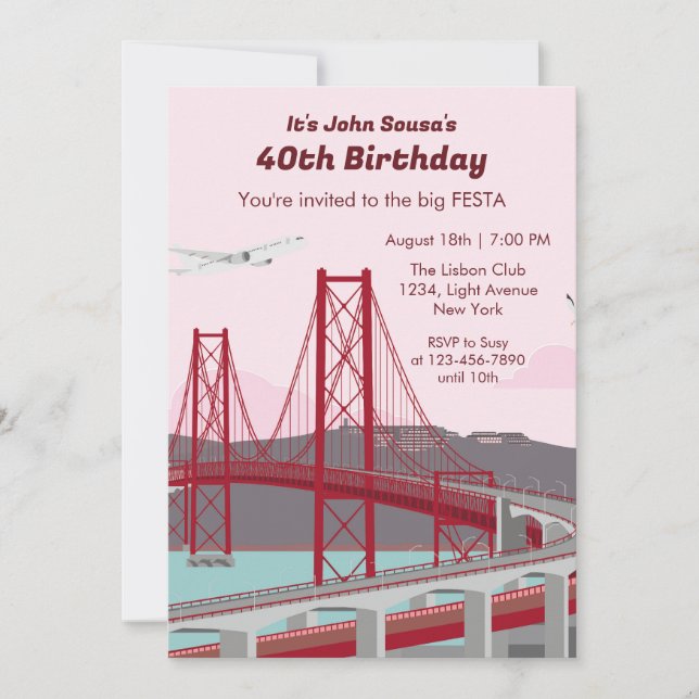 40. Geburtstag Party Lissabon Brücke bei Sonnenunt Einladung (Vorderseite)