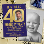 40. Geburtstag Party Marine Gold Foto Einladung<br><div class="desc">Fett einfache Grafik dunkelblau, und goldene Fotovorlage 40. Geburtstag Party Einladung. Personalisieren Sie diese Meilenstein-Geburtstagseinladung mit Ihren eigenen Geburtstagsfeierdetails, und ein Foto Ihres Geburtstagsjungen oder -mädchens in der Mitte der 0 in 40 und ein komplettes Foto auf der Rückseite, großartig für ein hin und wieder Foto-Gelegenheit. Andere Jahre Farben und...</div>