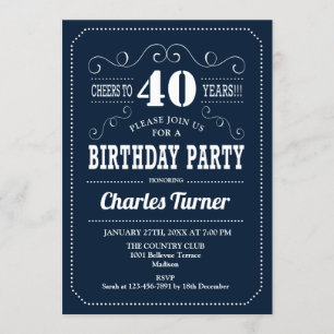 40. Geburtstag Party - Navy White Einladung