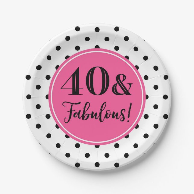 40. Geburtstag Party Rosa Schwarz-weiße Punkte Pappteller (Vorderseite)