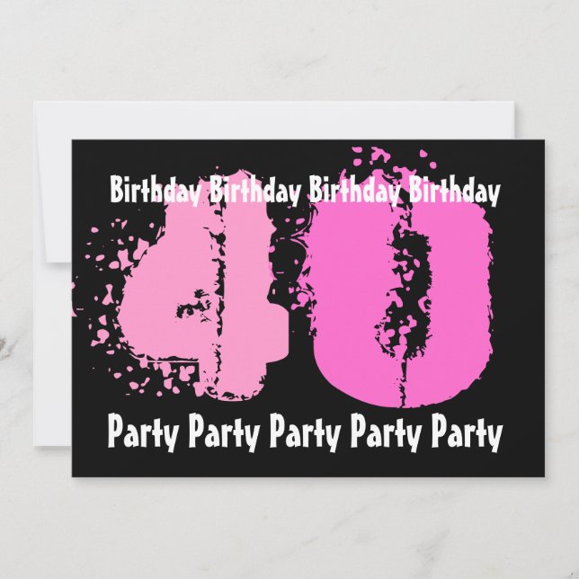 40. Geburtstag Party Rosa und Schwarz Einladung (Vorderseite)