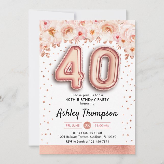 40. Geburtstag Party - Rose Gold Balloons Einladung (Vorderseite)