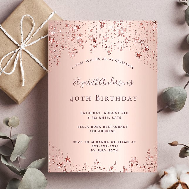 40. Geburtstag Party Rose Goldstars Einladung Postkarte (Von Creator hochgeladen)