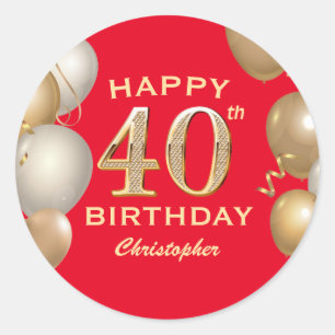 40. Geburtstag Party Rot und Gold Ballons Runder Aufkleber
