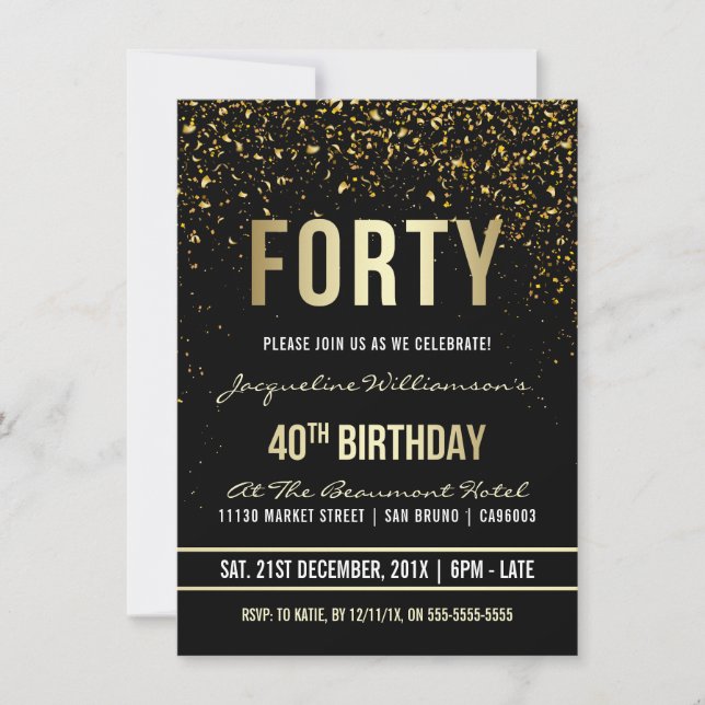 40. Geburtstag Party | Schimmergoldfetti Einladung (Vorderseite)