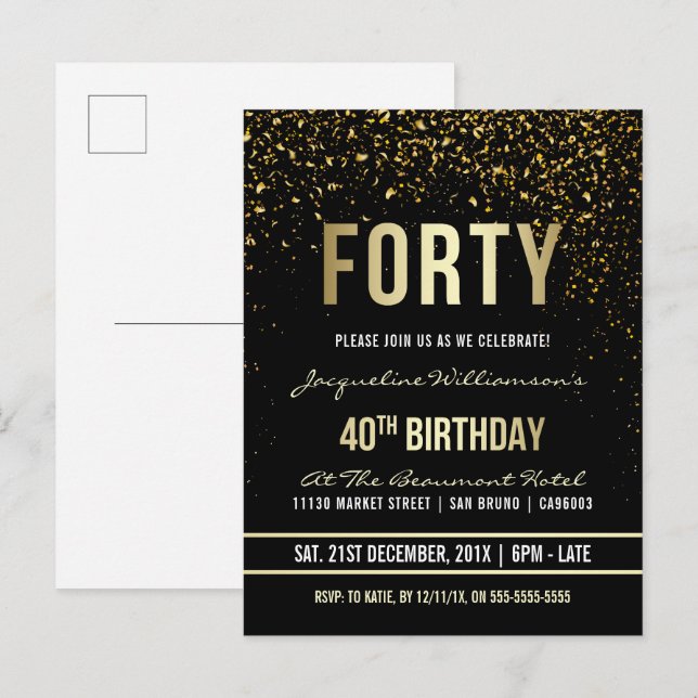 40. Geburtstag Party | Schimmergoldfetti Einladungspostkarte (Vorne/Hinten)