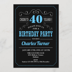 40. Geburtstag Party - Schwarz Blau Einladung