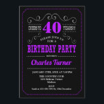 40. Geburtstag Party - Schwarz Lila Einladung<br><div class="desc">40. Geburtstagsfeier Party Einladung. Elegantes schwarzes,  lila,  weißes Retro-Design mit Chalkboard-Muster und Skript-Schriftart. Bis 40 Jahre! Nachricht,  wenn Sie weitere Anpassungen benötigen.</div>