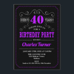 40. Geburtstag Party - Schwarz Lila Einladung<br><div class="desc">40. Geburtstagsfeier Party Einladung. Elegantes schwarzes,  lila,  weißes Retro-Design mit Chalkboard-Muster und Skript-Schriftart. Bis 40 Jahre! Nachricht,  wenn Sie weitere Anpassungen benötigen.</div>