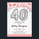 40. Geburtstag Party - Silberballons Einladung<br><div class="desc">40. Party Einladung. Elegantes Design in Imitaten Glitzer Silber mit Blumenakzent. Einladende Karte mit Silbernummer 40 Ballons,  Script-Schriftart mit Konfetti. Rosa,  weiß,  blaue Koralle. Ideal für ein stilvolles 40-tägiges Fest. Nachricht,  wenn du ein Alter brauchst.</div>