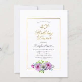 40. Geburtstag Pink Blue Floral Gold Border Dinner Einladung