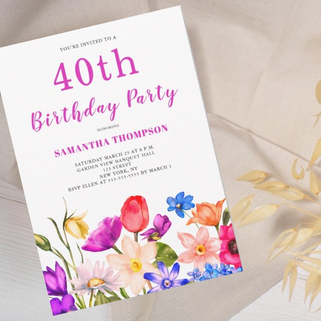 40. Geburtstag Pink Floral Einladung (Von Creator hochgeladen)