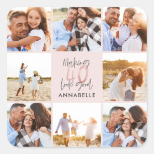 40. Geburtstag pink Girly Glitzer Foto Collage Quadratischer Aufkleber