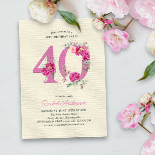 40. Geburtstag Pink Peony Floral Zahl 40 Einladung