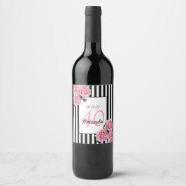 40. Geburtstag pinkfarbene Blumen auf Schwarz-weiß Weinetikett