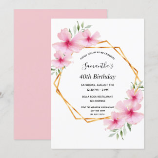 40. Geburtstag pinkfarbene Florale Gold geometrisc Einladung