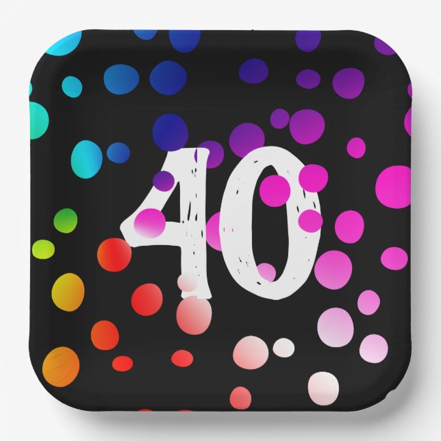 40. Geburtstag Rainbow Dots auf Black Pappteller (Vorderseite)