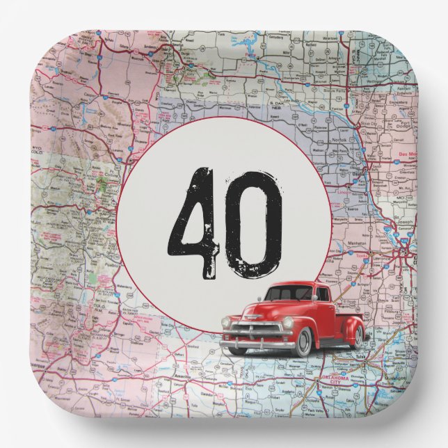 40. Geburtstag Red Retro Truck auf Roadmap Pappteller (Vorderseite)
